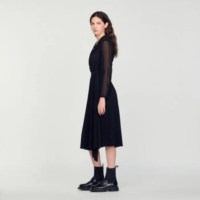 Women Dresses SANDRO Dualmaterial Longsleeved Dress Black