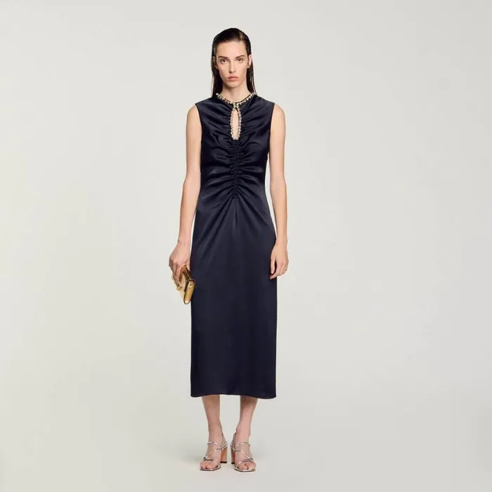 Women Dresses SANDRO Rhinestone Midi Dress Navy Blue