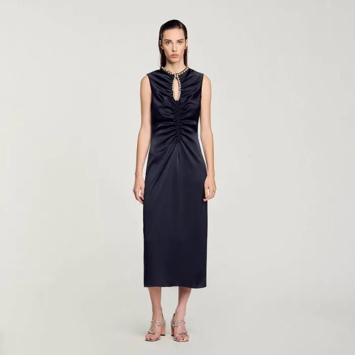 Women Dresses SANDRO Rhinestone Midi Dress Navy Blue