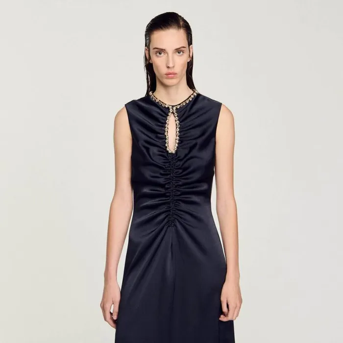 Women Dresses SANDRO Rhinestone Midi Dress Navy Blue