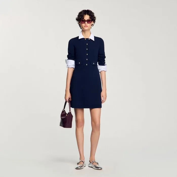 Women Dresses SANDRO Short Buttonup Knit Dress Navy Blue