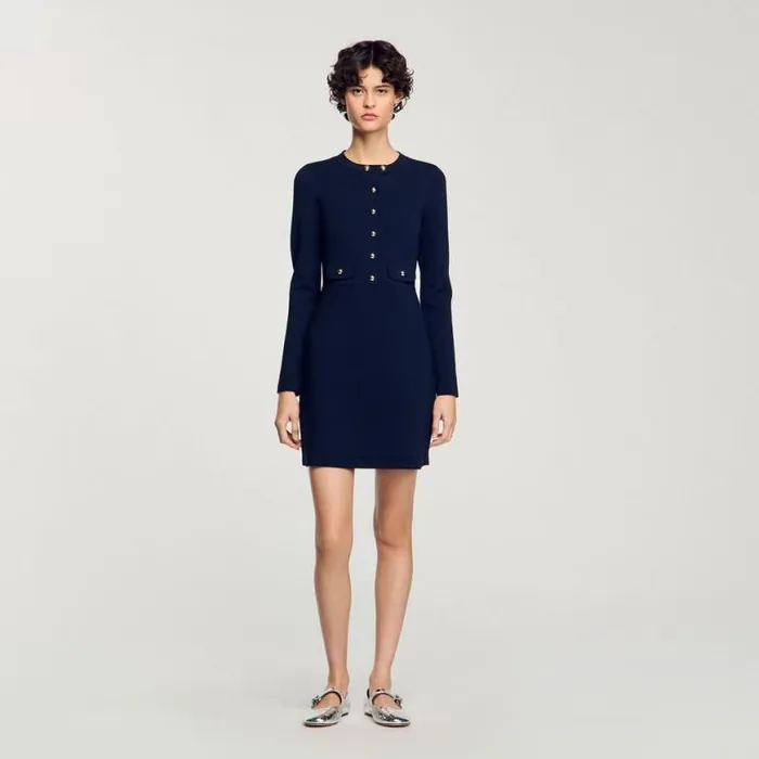 Women Dresses SANDRO Short Buttonup Knit Dress Navy Blue