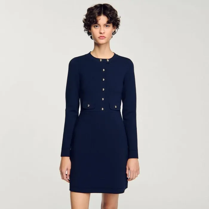 Women Dresses SANDRO Short Buttonup Knit Dress Navy Blue