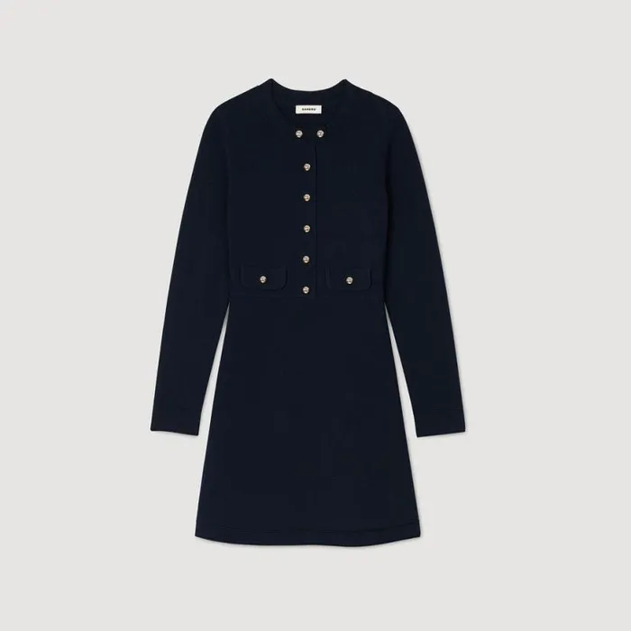 Women Dresses SANDRO Short Buttonup Knit Dress Navy Blue
