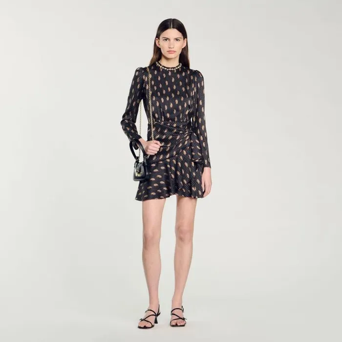 Women Dresses SANDRO Short Print Dress Mustard Burgundy