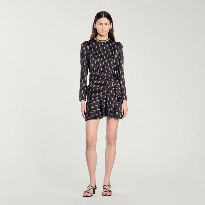 Women Dresses SANDRO Short Print Dress Mustard Burgundy
