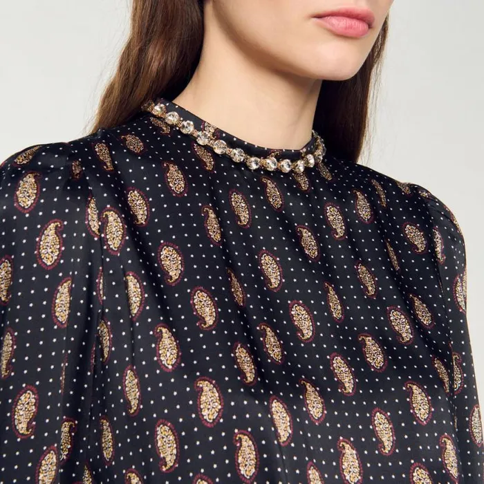 Women Dresses SANDRO Short Print Dress Mustard Burgundy