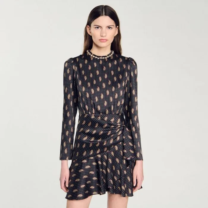 Women Dresses SANDRO Short Print Dress Mustard Burgundy