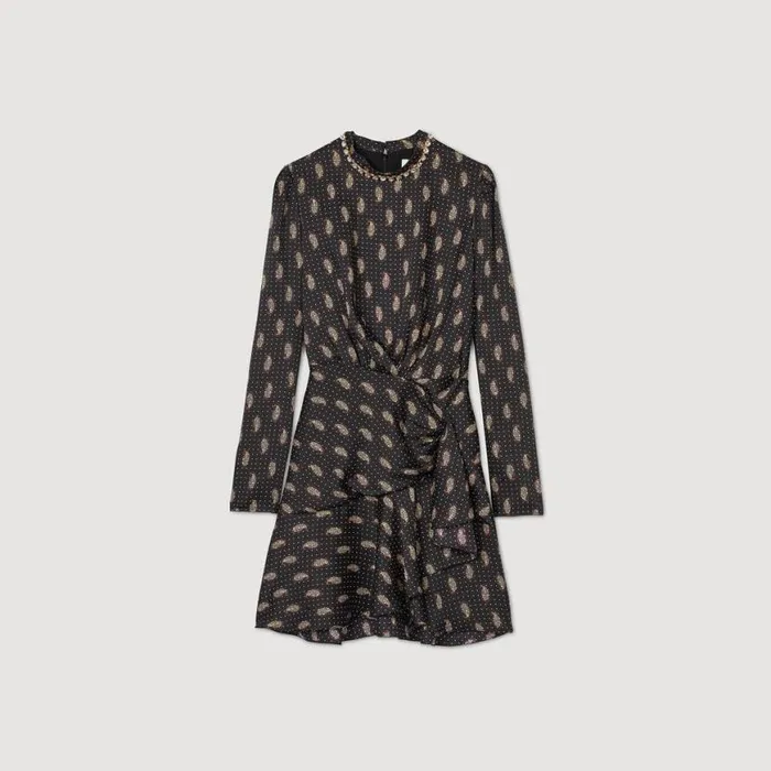 Women Dresses SANDRO Short Print Dress Mustard Burgundy