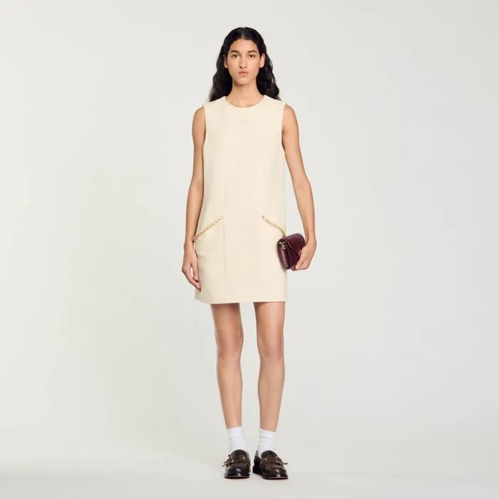 Women Dresses SANDRO Short Rhinestone Tweed Dress Ecru
