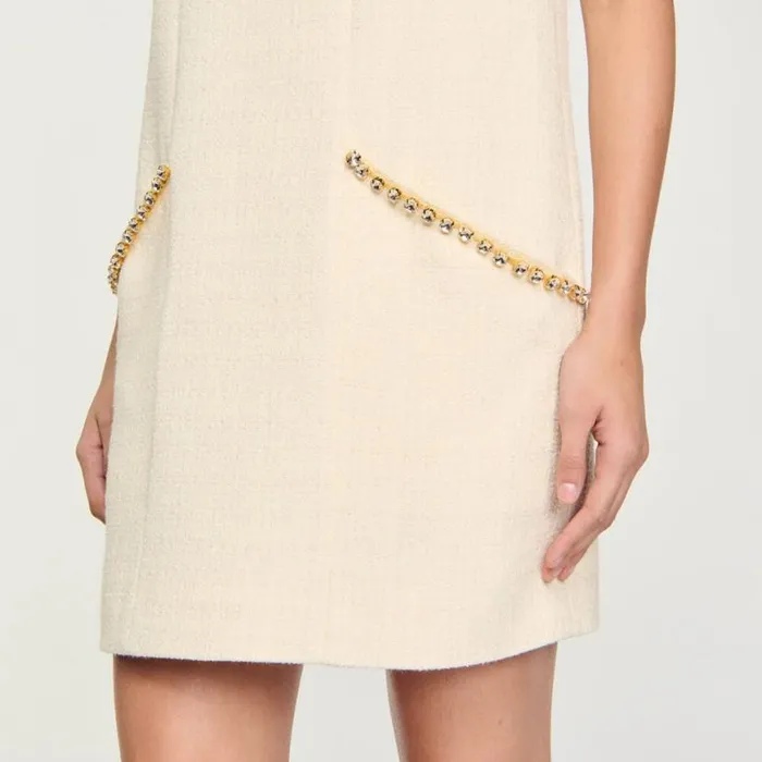 Women Dresses SANDRO Short Rhinestone Tweed Dress Ecru