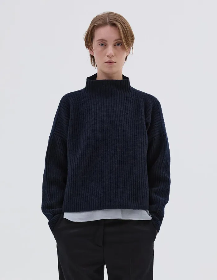 Women English Rib Funnel Neck Jumper Navy Margaret Howell Knitwear