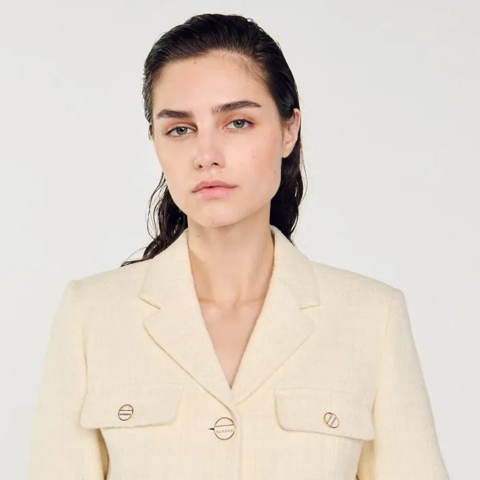 Women Jackets and Blazers SANDRO Cropped Tweed Buttonup Jacket Ecru