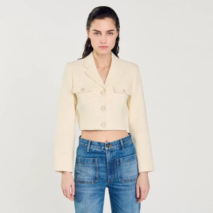 Women Jackets and Blazers SANDRO Cropped Tweed Buttonup Jacket Ecru