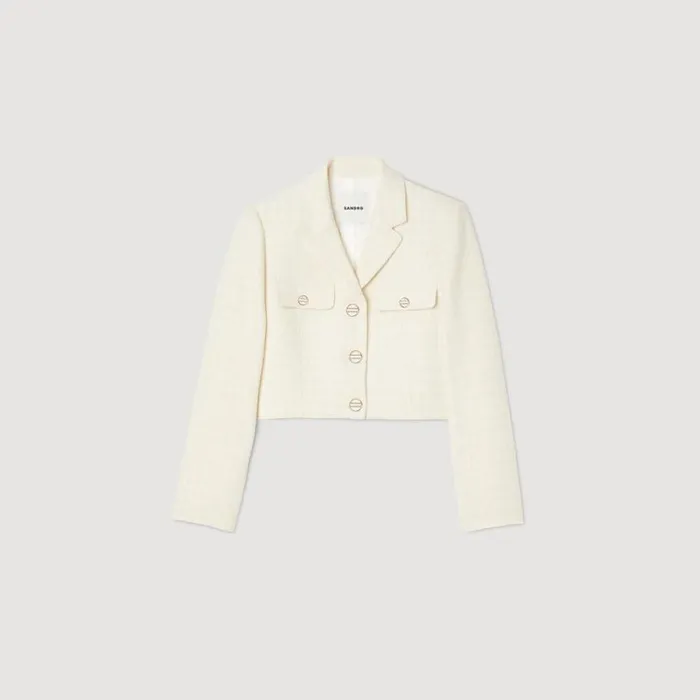 Women Jackets and Blazers SANDRO Cropped Tweed Buttonup Jacket Ecru