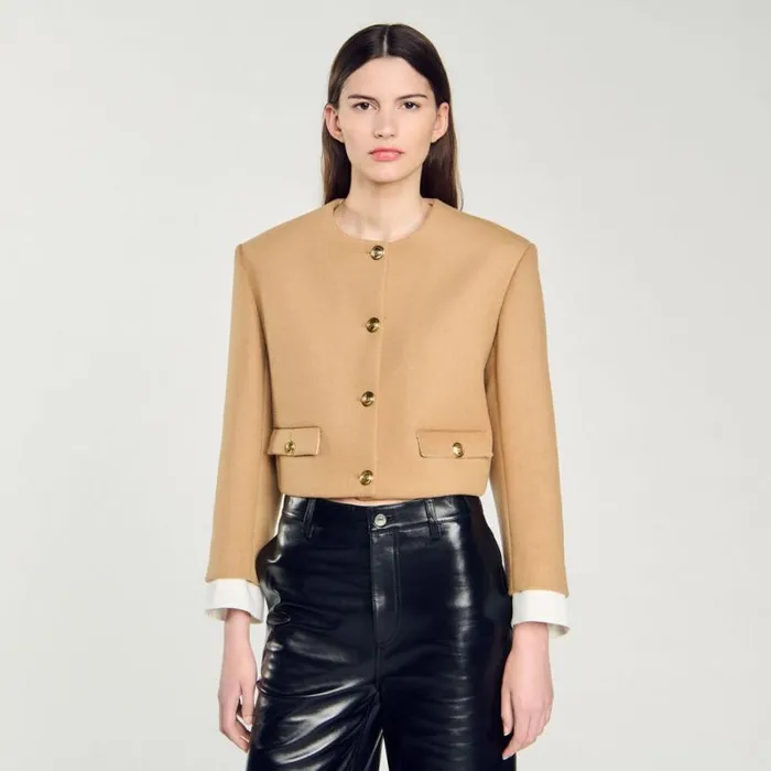 Women Jackets and Blazers SANDRO Cropped Woolblend Jacket Camel