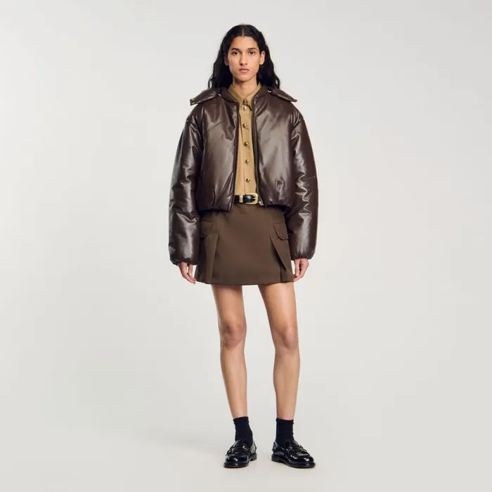 Women Jackets and Blazers SANDRO Glazed Leather Jacket Brown