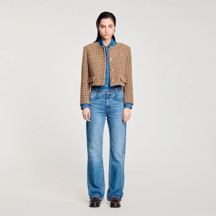 Women Jackets and Blazers SANDRO Short Checked Jacket Brown