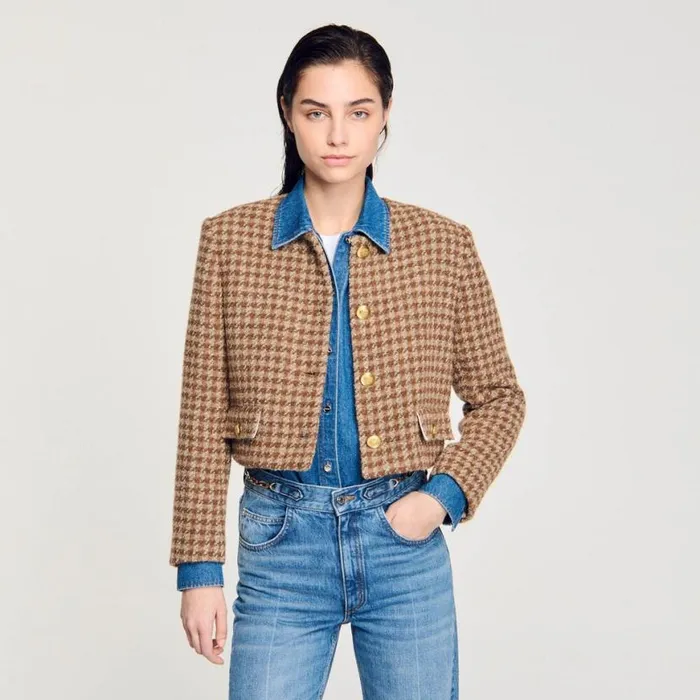 Women Jackets and Blazers SANDRO Short Checked Jacket Brown