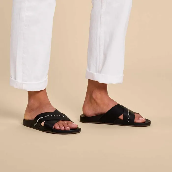 Women Kpea Olu Womens Leather Slide Sandals Black Olukai Leather Women Kpea Olu Womens Leather Slide Sandals Black Olukai Leather