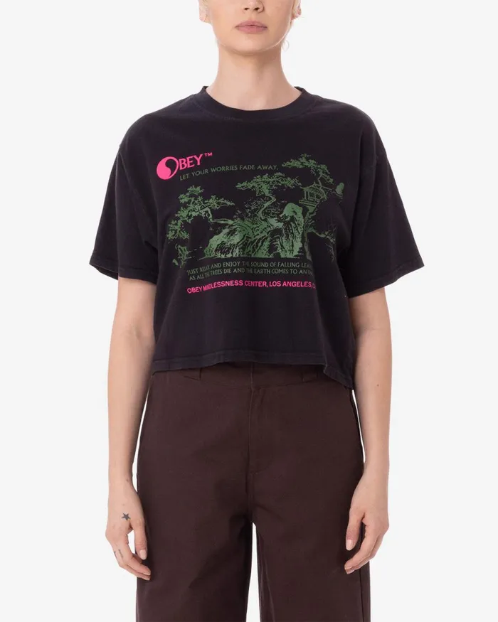 Women LET YOUR WORRIES FADE AWAY WEEKEND CROP TSHIRT Digital Black OBEY Clothing TSHIRTS