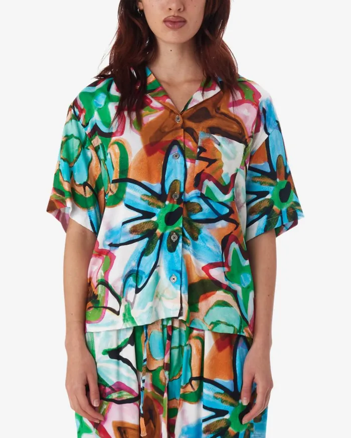 Women MARKER DRAWN FLOWER SHIRT Aqua Multi OBEY Clothing TOPS