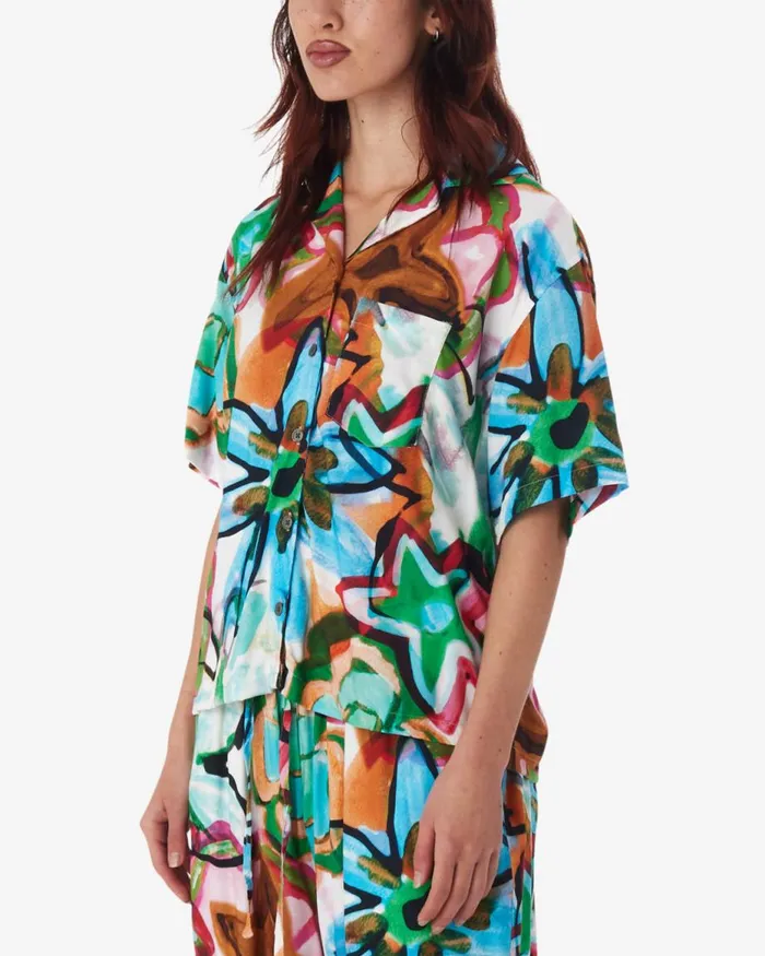Women MARKER DRAWN FLOWER SHIRT Aqua Multi OBEY Clothing TOPS