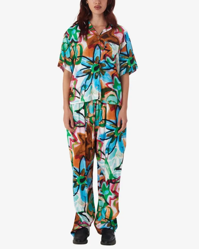 Women MARKER DRAWN FLOWER SHIRT Aqua Multi OBEY Clothing TOPS