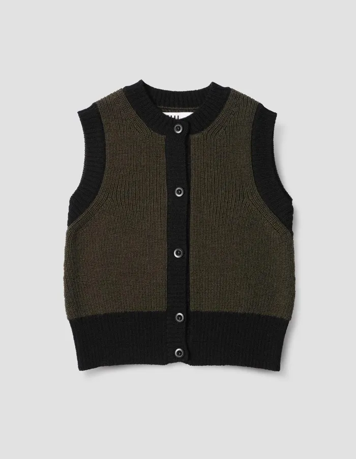 Women Mhl Contrast Trim Waistcoat Dark Olive Black Margaret Howell Knitwear