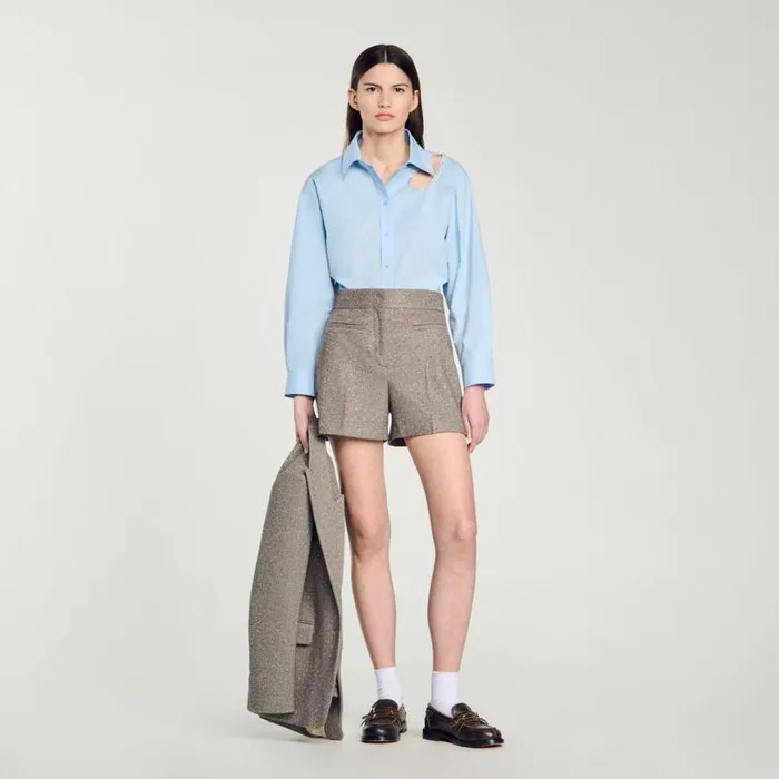 Women Pants and Shorts SANDRO Herringbone Shorts With Rhinestones Beige