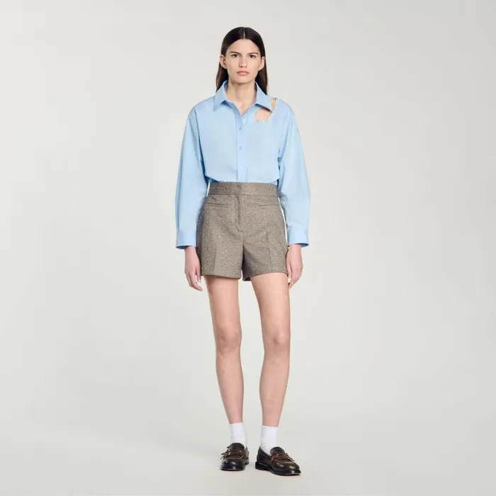 Women Pants and Shorts SANDRO Herringbone Shorts With Rhinestones Beige