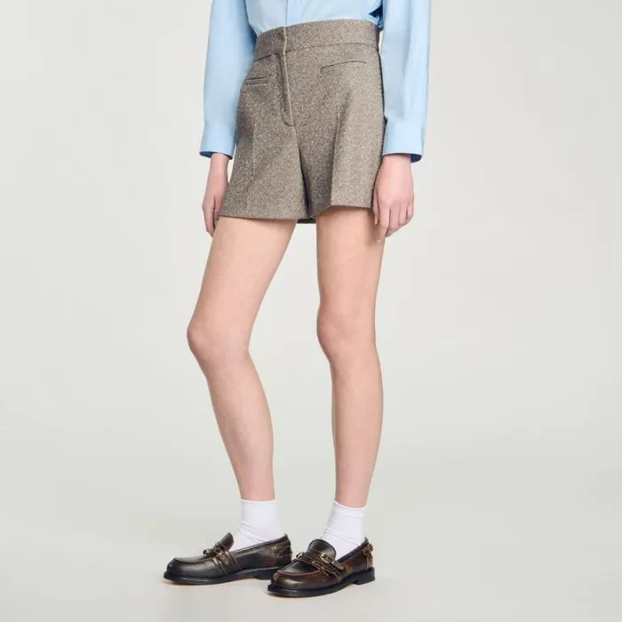 Women Pants and Shorts SANDRO Herringbone Shorts With Rhinestones Beige