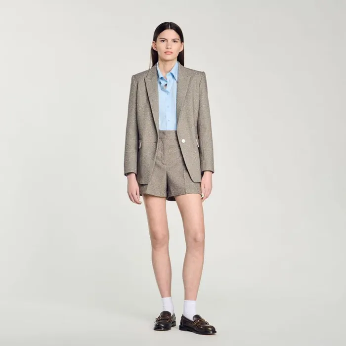 Women Pants and Shorts SANDRO Herringbone Shorts With Rhinestones Beige