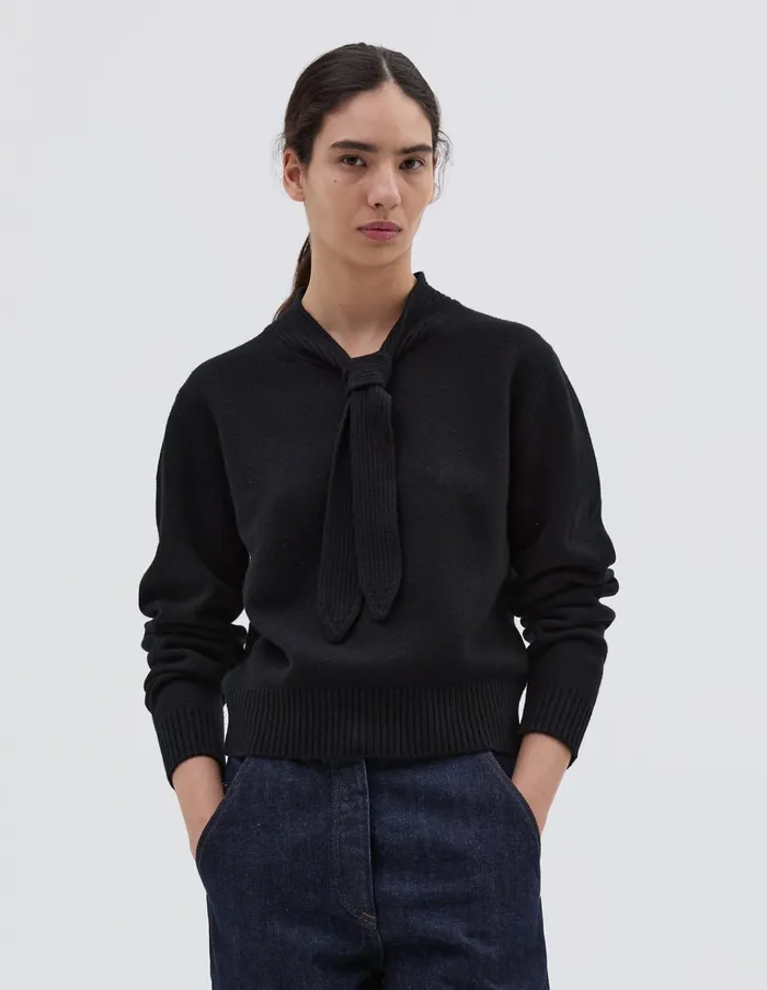 Women Ribbed Tie Neck Jumper Black Margaret Howell Knitwear