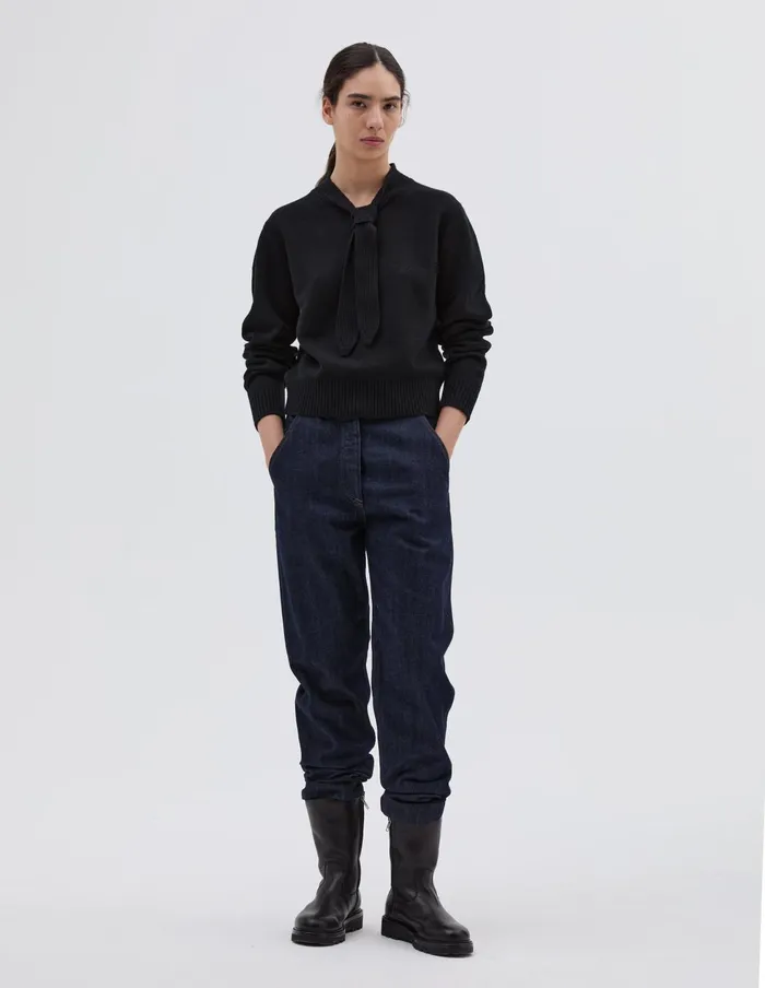 Women Ribbed Tie Neck Jumper Black Margaret Howell Knitwear
