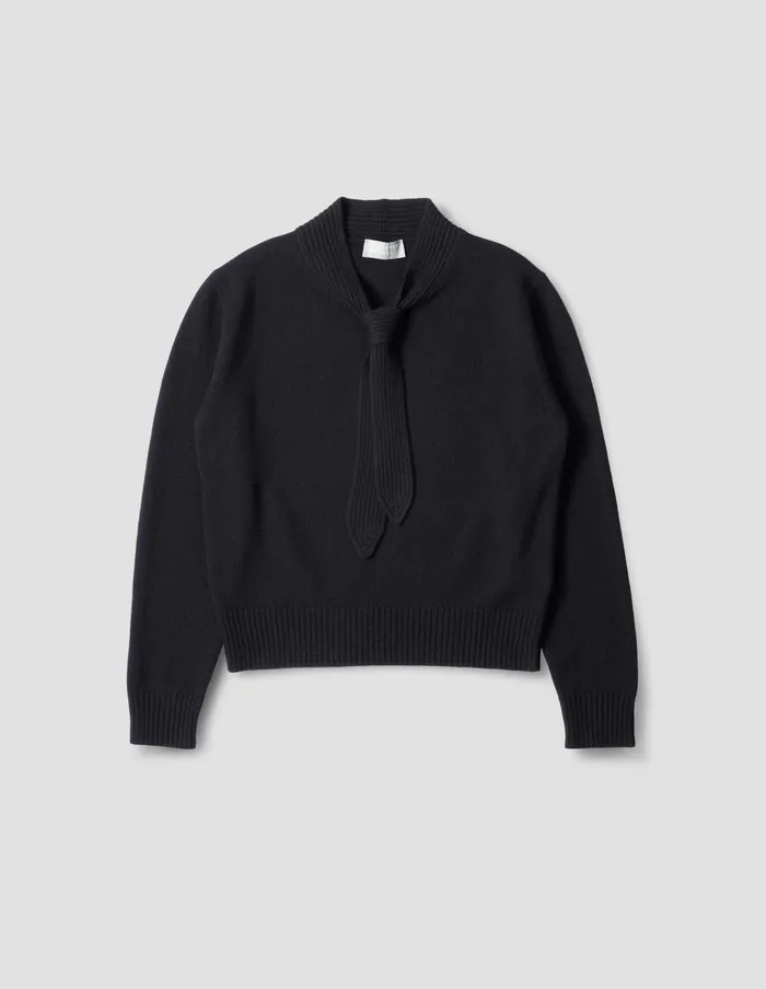 Women Ribbed Tie Neck Jumper Black Margaret Howell Knitwear