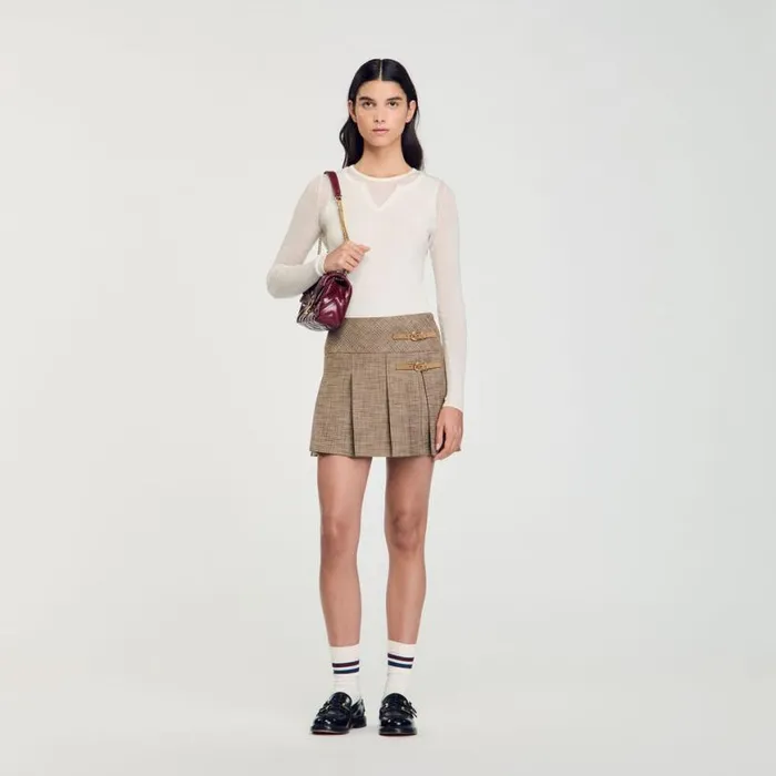 Women Skirts SANDRO Pleated Micro Houndstooth Skirt Brown