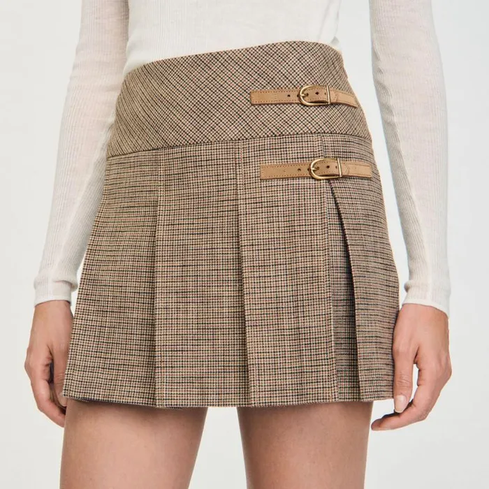 Women Skirts SANDRO Pleated Micro Houndstooth Skirt Brown