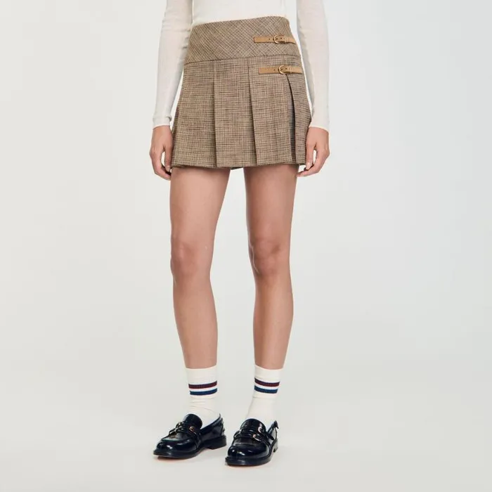 Women Skirts SANDRO Pleated Micro Houndstooth Skirt Brown
