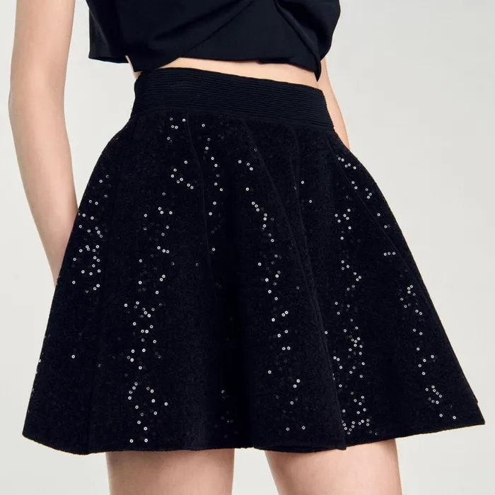 Women Skirts SANDRO Short Sequinned Skater Skirt Black