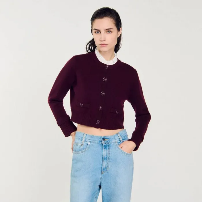 Women Sweaters and Cardigans SANDRO Knit Cardigan With Detachable Collar Burgundy