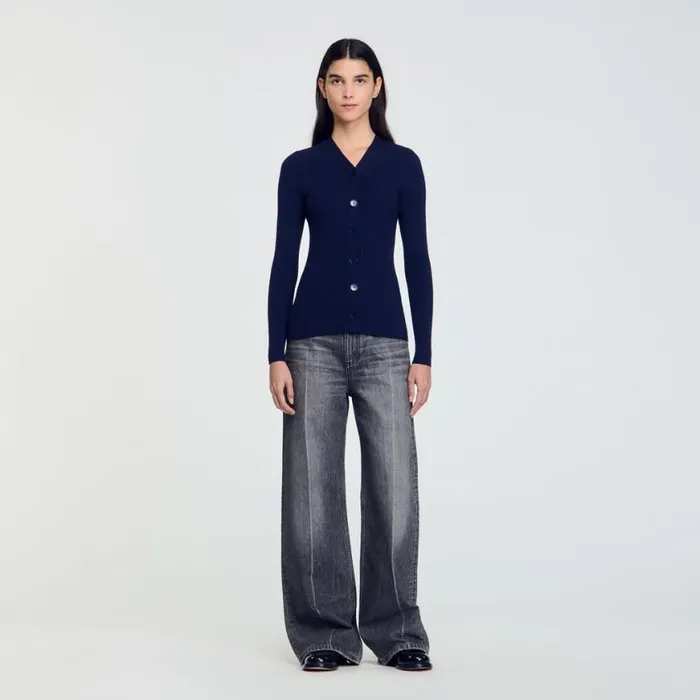 Women Sweaters and Cardigans SANDRO Rib Knit Cardigan Navy Blue