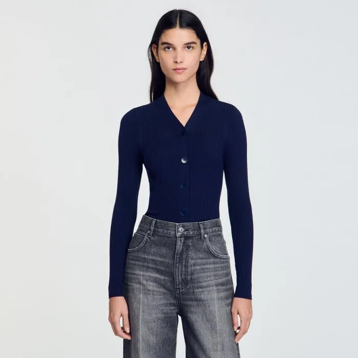 Women Sweaters and Cardigans SANDRO Rib Knit Cardigan Navy Blue