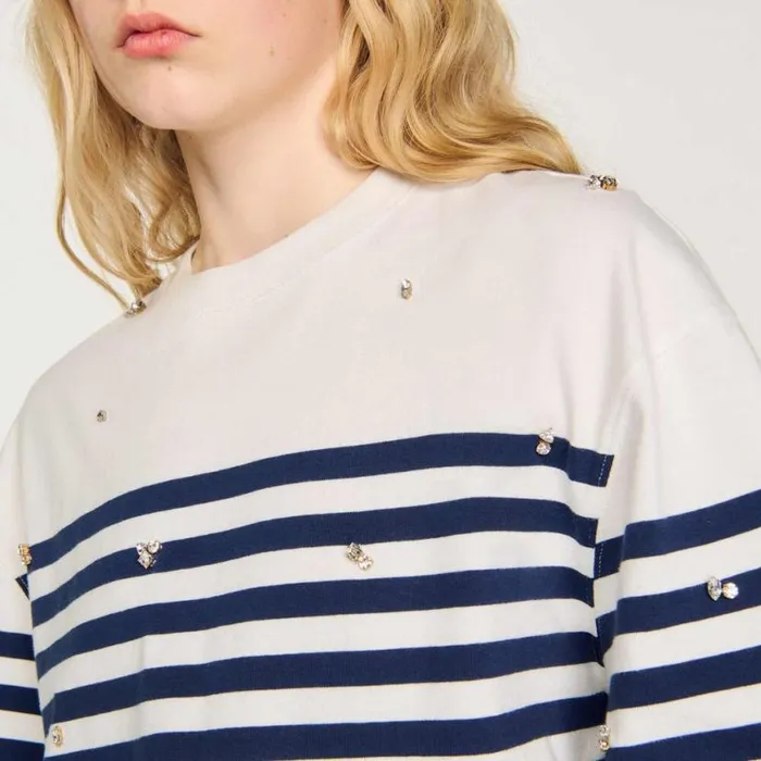 Women Tshirts SANDRO Rhinestone Breton Tshirt Blu White
