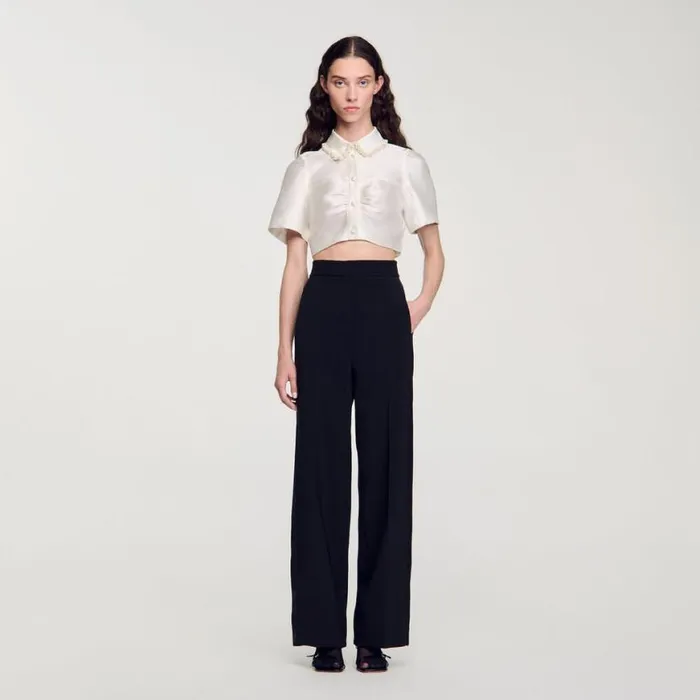 Women Tops and Shirts SANDRO Beaded Satineffect Cropped Shirt White