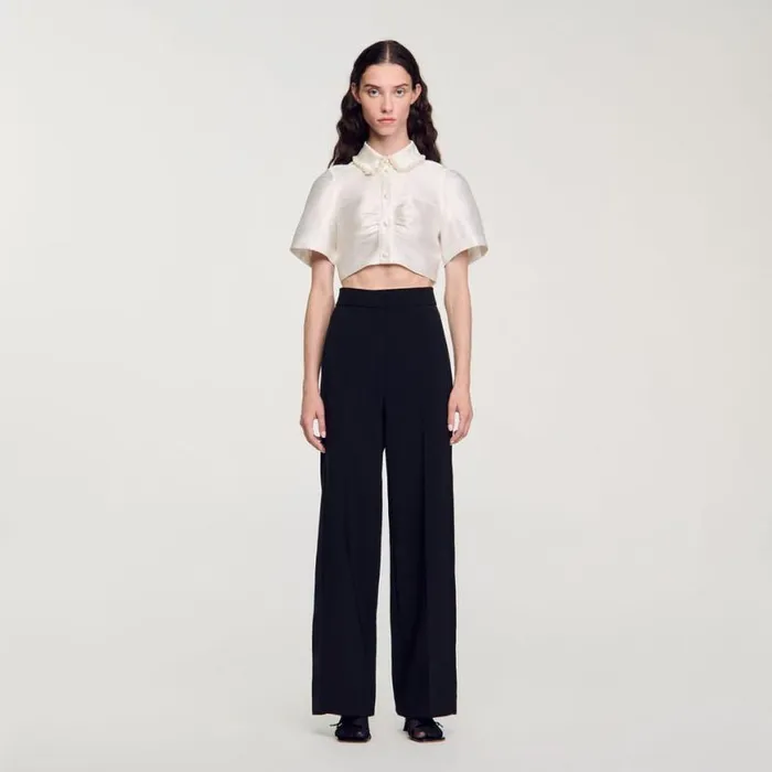 Women Tops and Shirts SANDRO Beaded Satineffect Cropped Shirt White