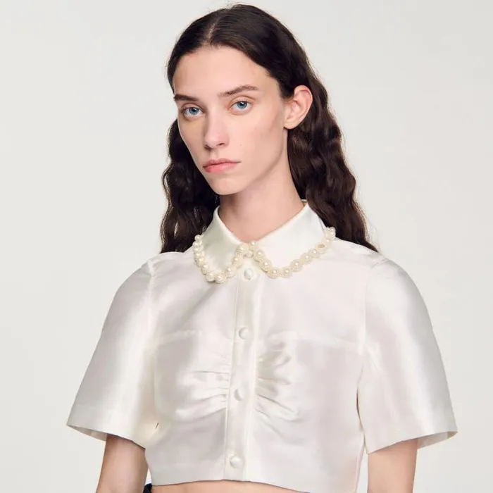 Women Tops and Shirts SANDRO Beaded Satineffect Cropped Shirt White