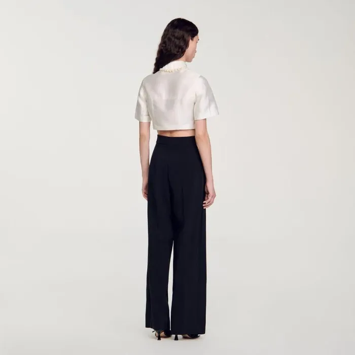 Women Tops and Shirts SANDRO Beaded Satineffect Cropped Shirt White
