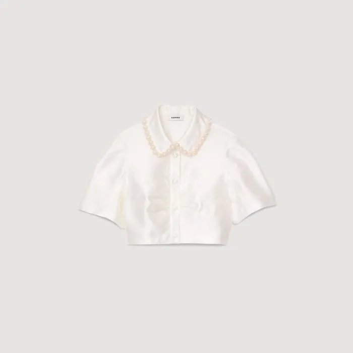 Women Tops and Shirts SANDRO Beaded Satineffect Cropped Shirt White