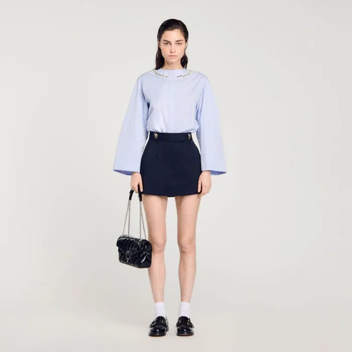 Women Tops and Shirts SANDRO Cropped Shirt With Jewel Trim Collar Sky Blue